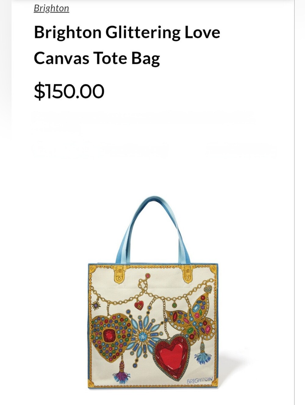 Brighton Glittering Love Cream Tote  Multicolor Jewel & Red Heart Accents New